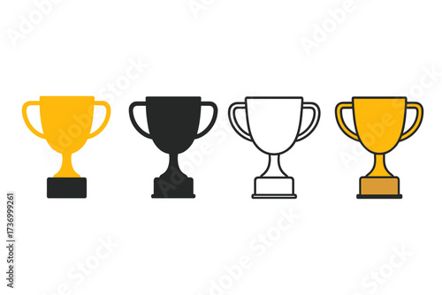 Trophy cup icon collection set. Award silhouette, flat, linear vector illustration. Gold, black, white cartoon winner trophies. Sports achievement, competition, victory symbol isolated clipart.