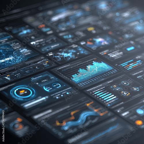 Close-up of many interconnected digital dashboards displaying various data visualizations