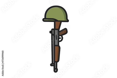 Vector illustration of battlefield cross memorial, military helmet on rifle, fallen soldier tribute, remembrance symbol, flat style, cartoon icon, isolated, transparent background