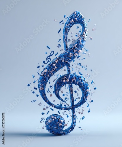 3D rendering of a textured blue treble clef with musical notes on a light blue backdrop