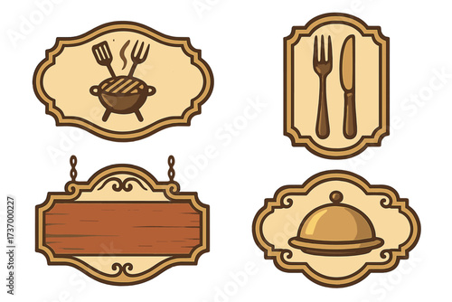 Vintage restaurant signboard icon set, decorative retro food banners, ornate cafe grill, cutlery, tray, empty wooden sign, vector cartoon illustration, transparent background, isolated clipart