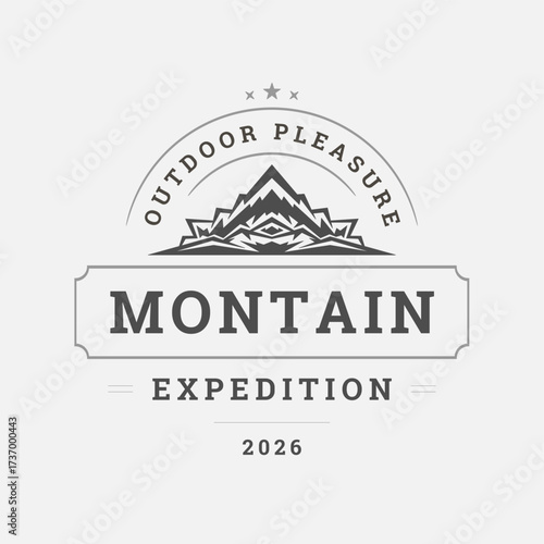 A classic monochrome badge logo for a mountain expedition brand. Ideal for adventure branding, camping labels, and outdoor apparel designs.