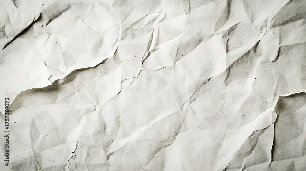 Fototapeta premium Crinkled White Paper Texture Detailed Wrinkles, Tears, and Subtle Shadows for Realistic Backgrounds
