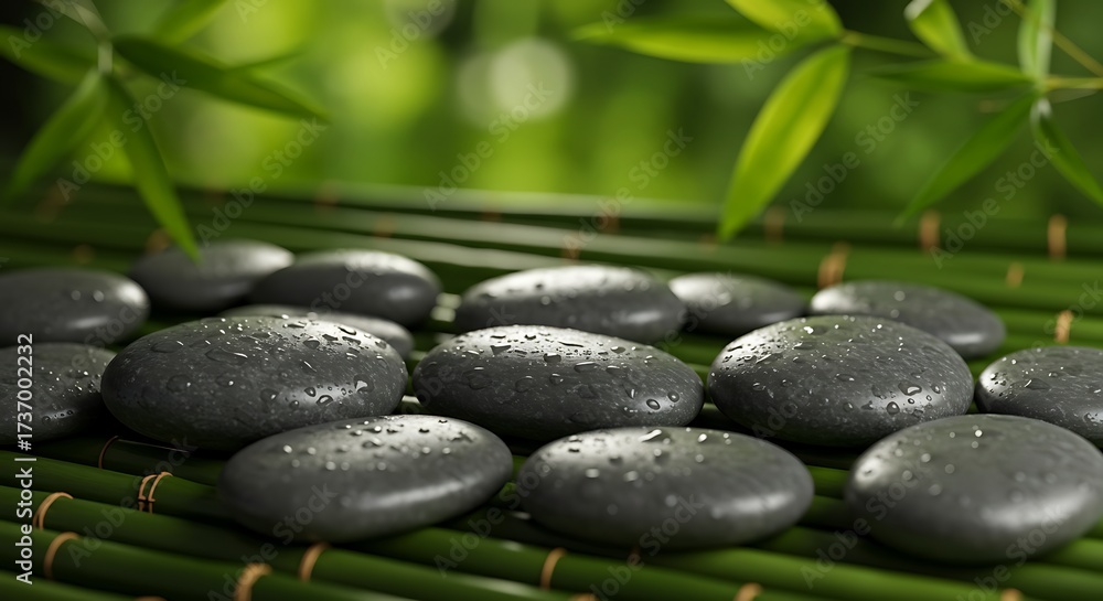 Obraz premium Zen stones with water droplets on bamboo sticks create a sense of peace and wellbeing