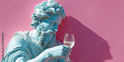 Classical statue holding glass of milk on vibrant pink background