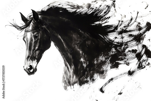 Horse head. Black horse in a dynamic pose. Traditional Chinese ink painting on white background. Year of the horse, symbol of the 2026 year.	