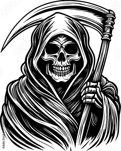 SVG skull tattoo design in a Halloween dark warrior style. Grim Reaper Holding Scythe in Dark Cloak Design Illustration