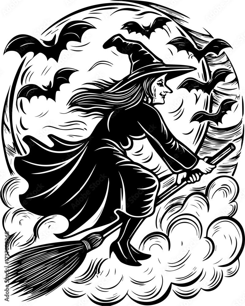 Fototapeta premium SVG skull tattoo design in a Halloween dark warrior style. Witch in Flight with Broomstick and Bats Against Full Moon