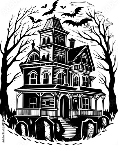 SVG skull tattoo design in a Halloween dark warrior style. Spooky Vintage House Surrounded by Bats and Bare Trees