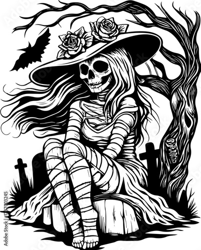 Wallpaper Mural SVG skull tattoo design in a Halloween dark warrior style. Elegant Skeleton Figure with Hat and Flowers in Spooky Landscape Torontodigital.ca