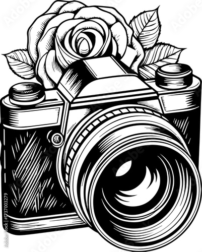 SVG skull tattoo design in a Halloween dark warrior style. Vintage Camera with Rose Illustration in Black and White Style