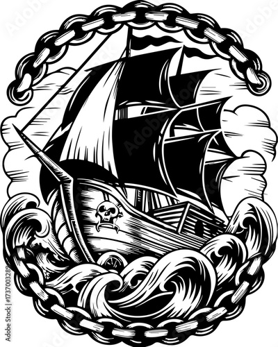 SVG skull tattoo design in a Halloween dark warrior style. Black and White Pirate Ship Illustration with Waves and Chains