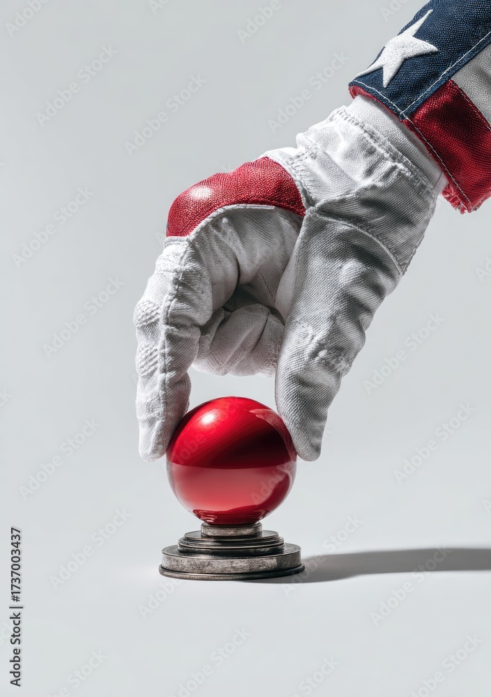 Fototapeta premium Hand with star-spangled cuff reaching down towards a red, shiny, round button