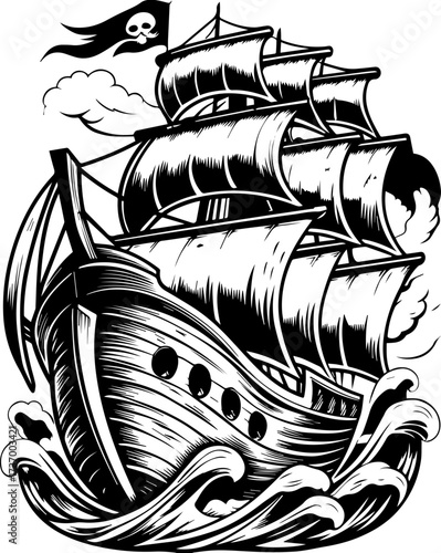 SVG skull tattoo design in a Halloween dark warrior style. Vintage Pirate Ship Sailing Through Waves with Skull and Crossbones