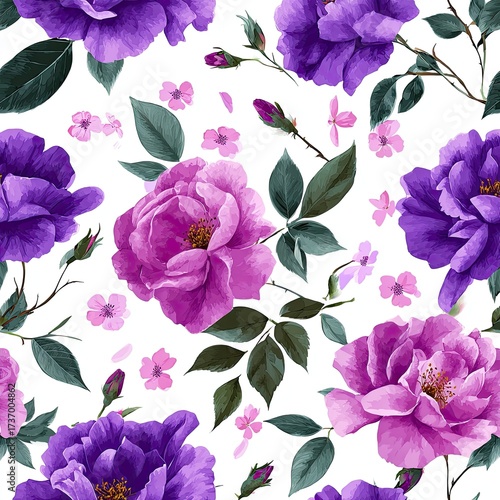 Wallpaper Mural Colorful floral pattern featuring vibrant purple and pink blooms on white background Torontodigital.ca