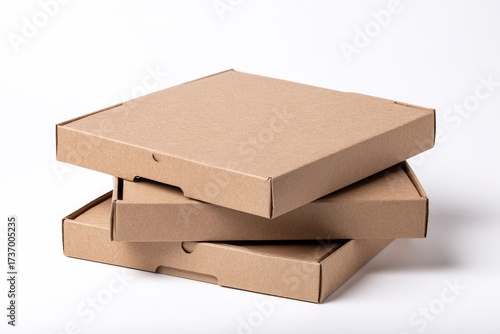 Stack of three square, brown cardboard containers against a clean white backdrop