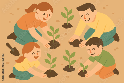 A happy family of four, including parents and two children, planting young trees together in a garden.