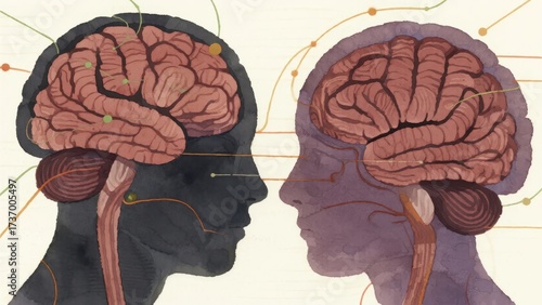 Illustration of two human brains in profile view with neural connections highlighted