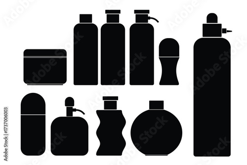 Vector illustration of various cosmetic bottles and containers in black silhouette style. Includes lotion, spray, shampoo, perfume, and cream jar. Perfect for beauty, skincare, and cosmetic product