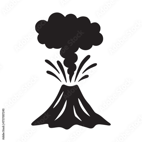 Black Volcano Eruption Silhouette Isolated on White Background Representing Natural Disaster and Geological Activity with Smoke and Lava Spewing into the Air silhouette