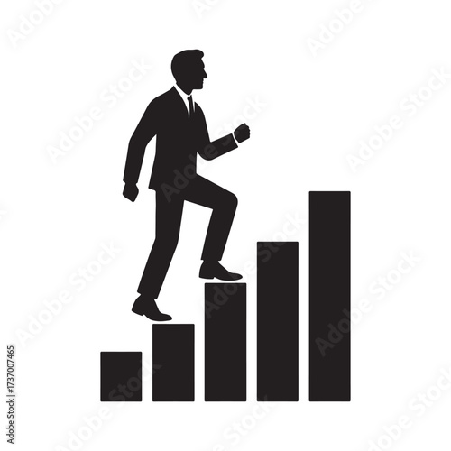 Businessman climbing bar graph representing career growth achieving goals and financial success demonstrating upward movement and determination for corporate development and professional silhouette