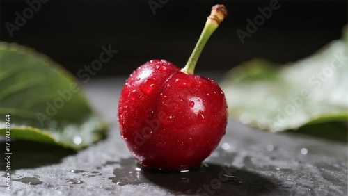 A single ripe red cherry with water droplets on a dark surface, surrounded by green leaves.