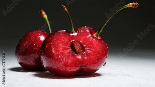 Close-up of fresh red cherries with water droplets on a dark background