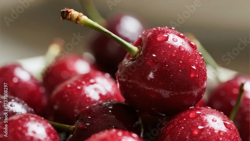 Fresh red cherries with water droplets, close-up view