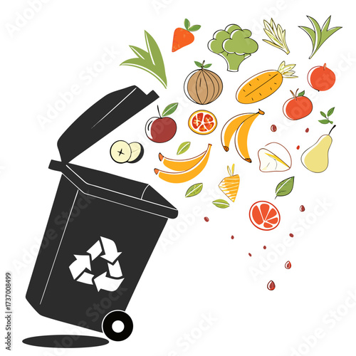 Black recycling bin overflowing with colorful fresh fruits and vegetables scattered around it