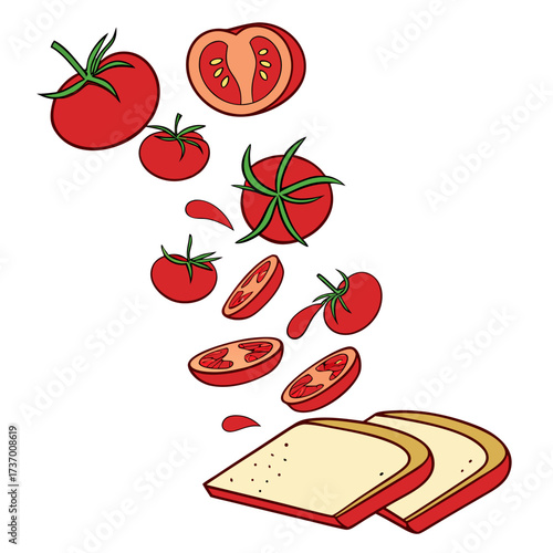 Fresh red tomatoes and slices falling onto two slices of white bread for a healthy sandwich