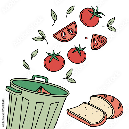 Fresh tomatoes and bread slices are being thrown into a green trash can representing food waste