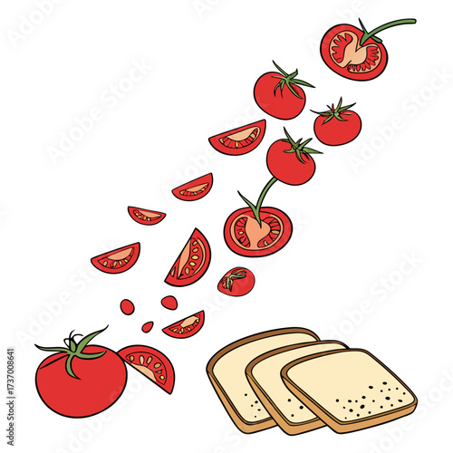 Fresh red tomatoes sliced and whole falling towards slices of toasted bread on white background
