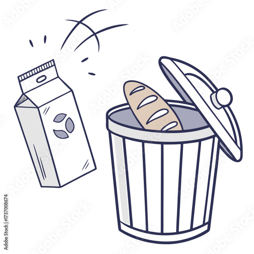 Hand drawn illustration of a carton of milk and a loaf of bread being thrown into a trash can