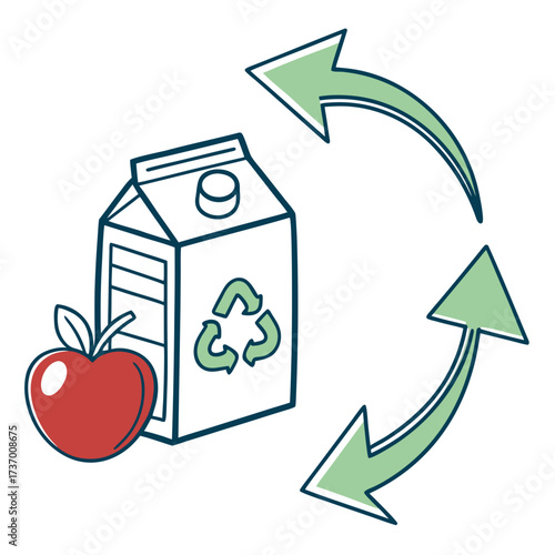 Hand drawn illustration of a juice box with a recycling symbol and a red apple with circular arrows