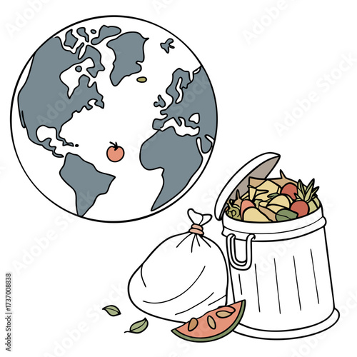 Planet earth next to overflowing trash can and garbage bag symbolizing environmental pollution and waste