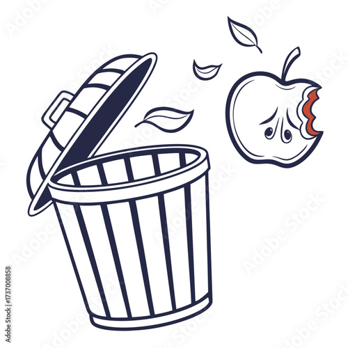Sad bitten apple with a face falls into an open trash can with leaves flying around