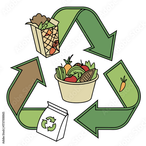 Recycling symbol with fresh vegetables in a bowl and compost bin representing food waste management