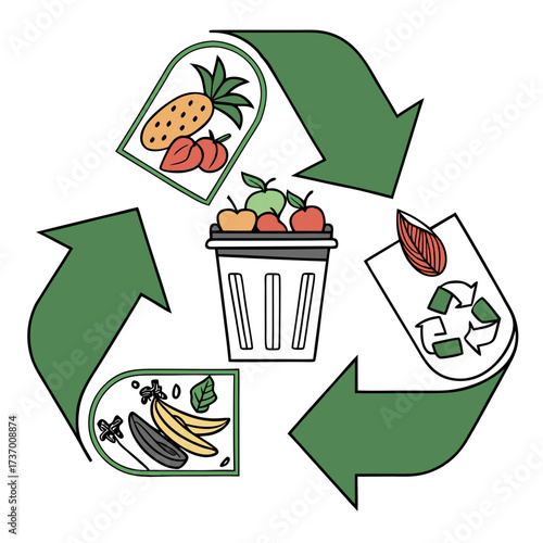 Recycling symbol with fresh fruits and vegetables in a bin and containers for composting