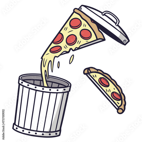 Discarding a slice of cheesy pepperoni pizza into a trash can with another slice falling
