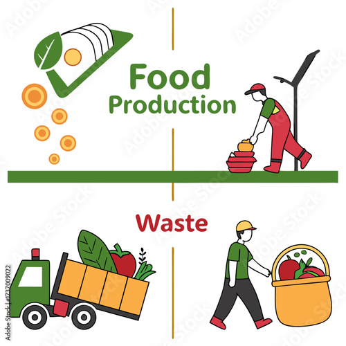 Food production process contrasted with food waste management and disposal in agriculture