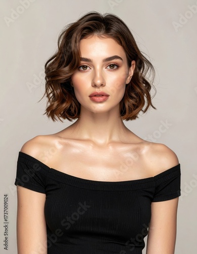 Glamorous Studio Portrait of Woman with Wavy Bob Hairstyle in Off Shoulder Black Top