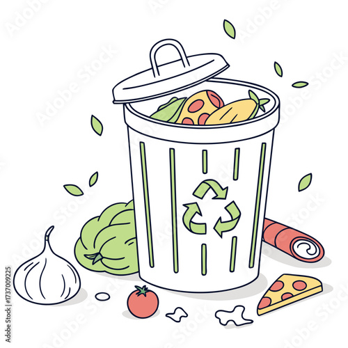 Illustration of food waste being discarded into a recycling bin with various food items scattered around