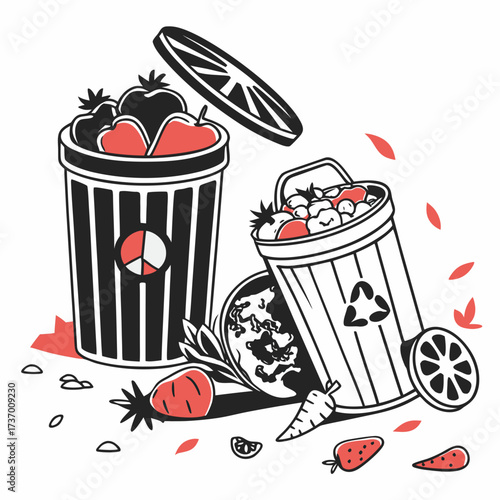 Illustration of overflowing trash cans with food waste and a recycling symbol representing environmental concerns