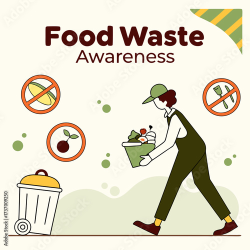 Person carrying bucket of food waste towards trash can promoting food waste awareness and reduction