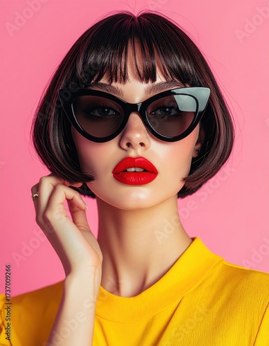 Elegant Female Model with Bob Haircut and Cat-Eye Sunglasses, Bold Red Lips