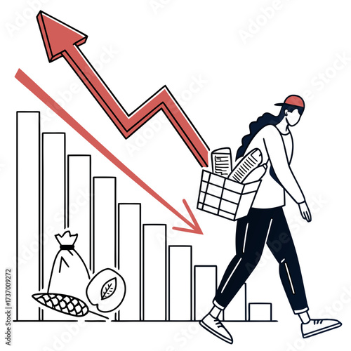 Person carrying groceries walks down with a declining bar graph and red arrow indicating financial loss