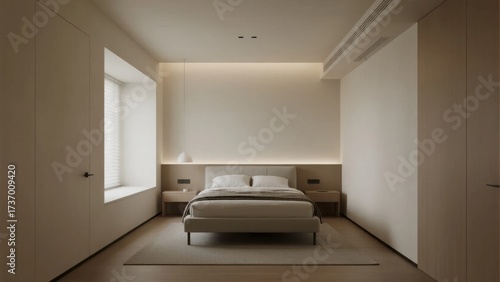 Minimalist bedroom with neutral tones, built-in lighting, and modern furniture