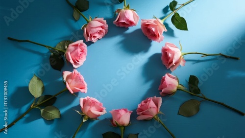 Pink roses arranged in a circular pattern on a blue background