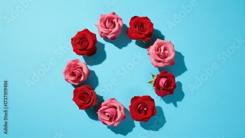 Circle of red and pink roses arranged on a blue background