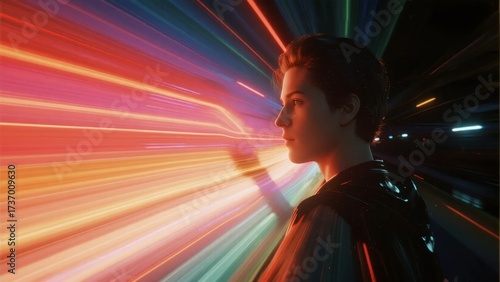 Person in profile view against vibrant, streaked light background suggesting high-speed motion or time travel